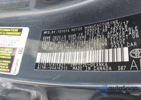 2017 Toyota Corolla Le z USA, uszkodzony, nr VIN 2T1BURHE8HC868315